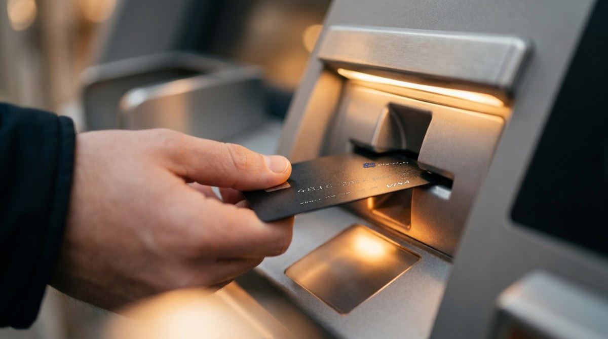 Mano insertando una tarjeta de crédito Visa en un cajero automático