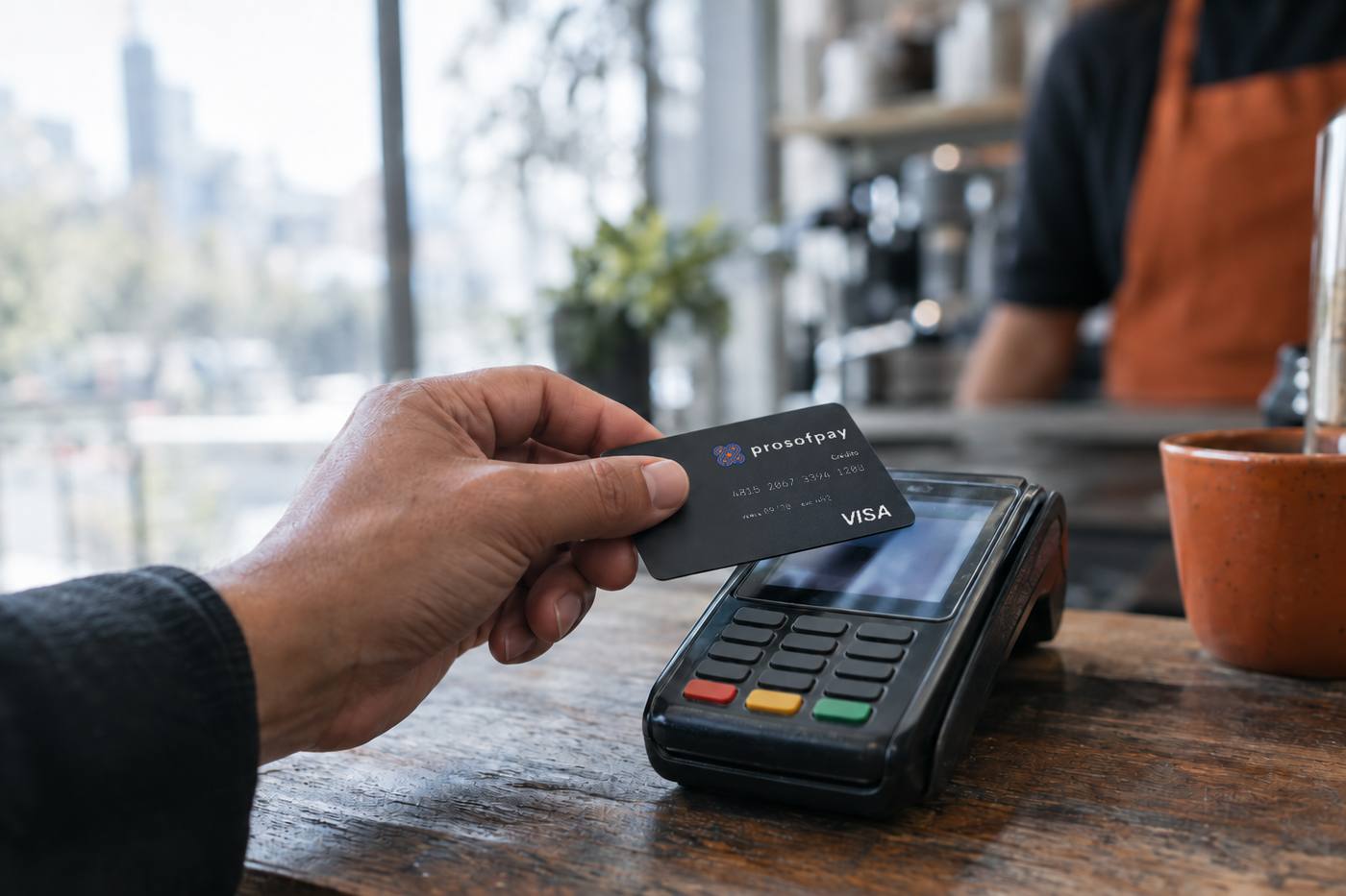 Cliente pagando sin contacto con una tarjeta de crédito Visa Prosofpay en la terminal de una cafetería en la Ciudad de México