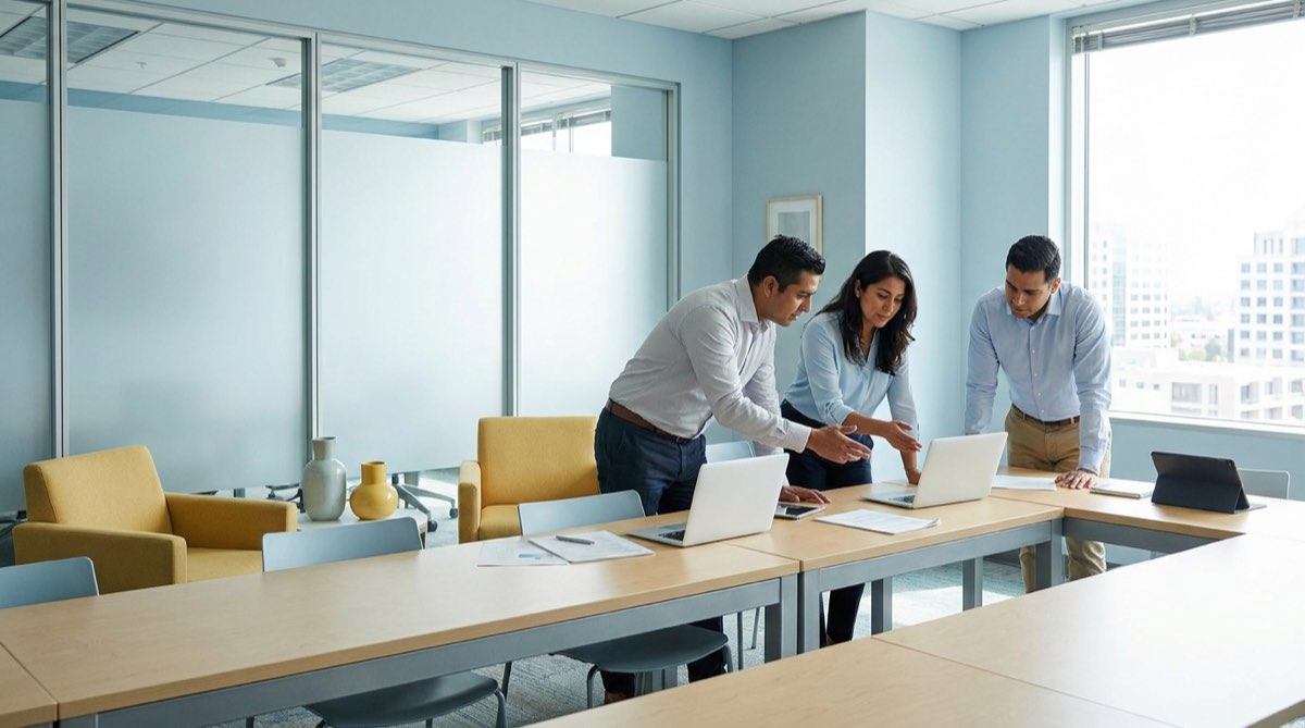 Equipo directivo de una institución financiera planeando la digitalización de sus productos
